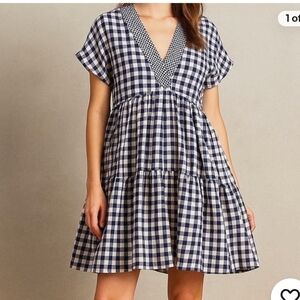 Anthropologie Navy and White Gingham V-Neck Tiered Mini Dress